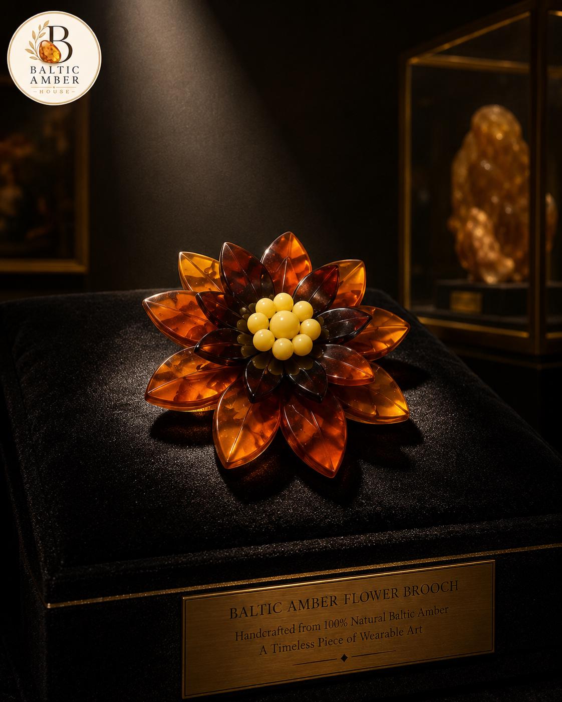 Natural Baltic Amber Flower Brooch, Handmade Designer Brooch, Statement Floral Pin, Cognac Amber Accessory, Unique Gift for Her