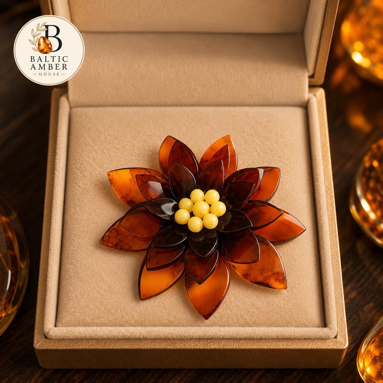 Natural Baltic Amber Flower Brooch, Handmade Designer Brooch, Statement Floral Pin, Cognac Amber Accessory, Unique Gift for Her