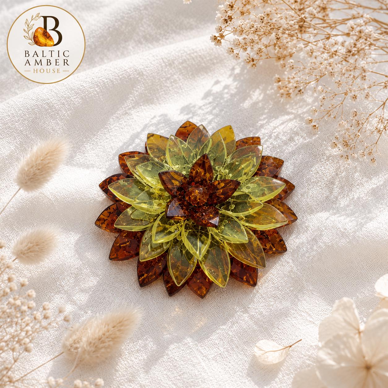 Designer Baltic Amber Flower Brooch, Handmade Natural Amber Floral Pin, Statement Jewelry Gift for Women, Collector Piece