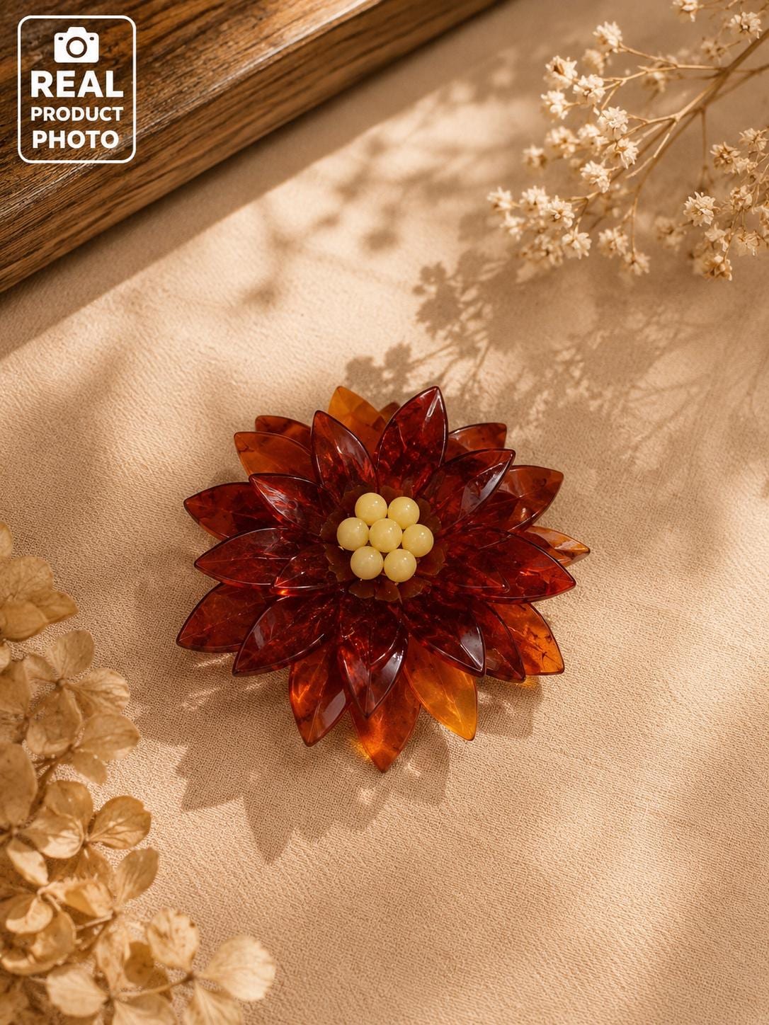 Natural Baltic Amber Flower Brooch, Handmade Designer Brooch, Statement Floral Pin, Cognac Amber Accessory, Unique Gift for Her