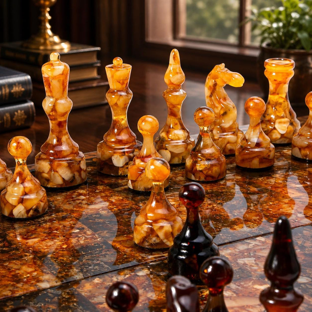 Luxury Baltic Amber Chess Set with Wooden Storage Box – Handmade Folding Collector Chess Board – Executive Gift for Him