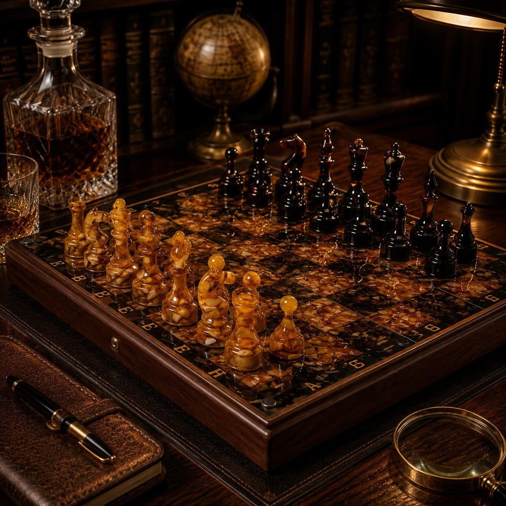 Luxury Baltic Amber Chess Set with Wooden Storage Box – Handmade Folding Collector Chess Board – Executive Gift for Him