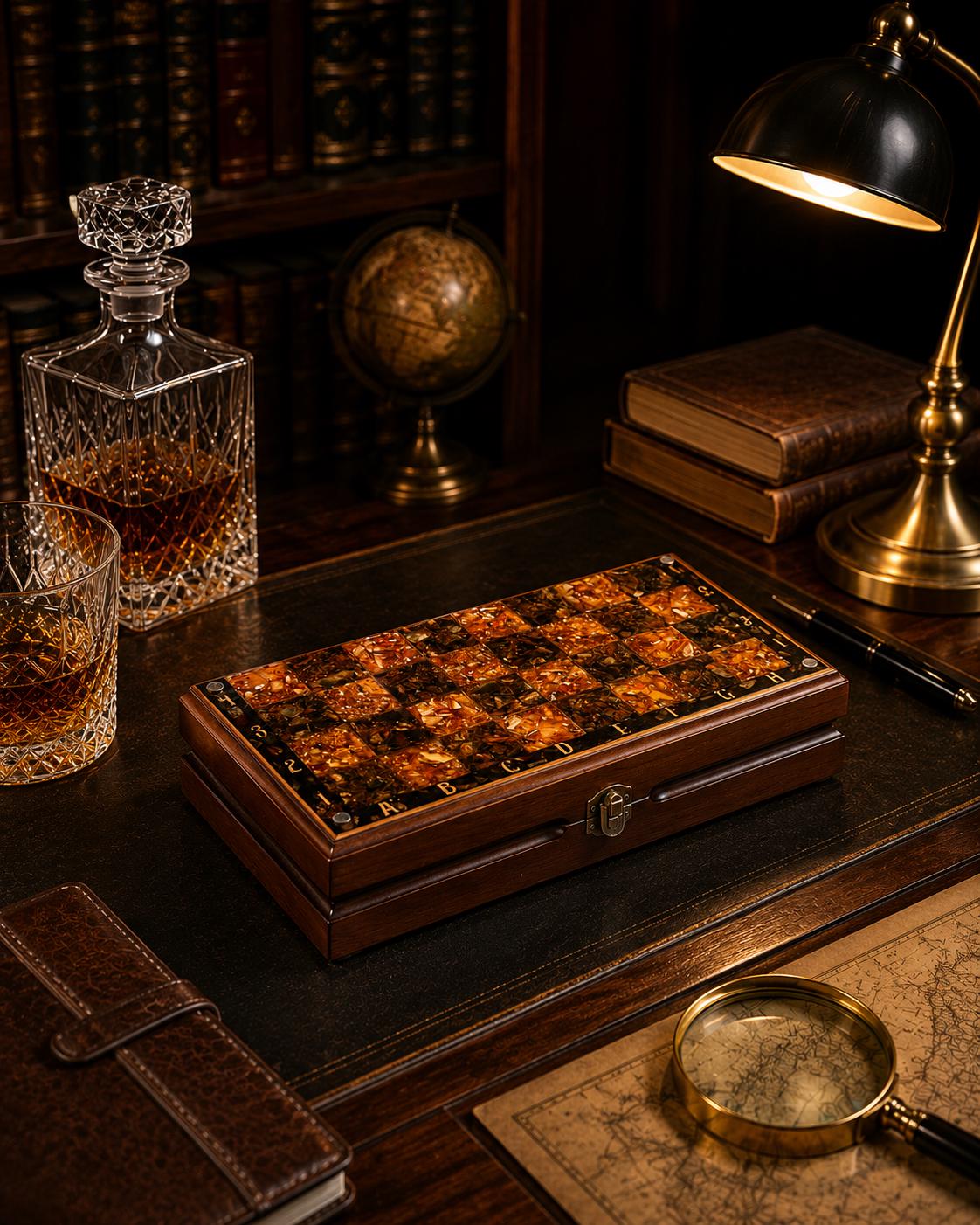 Luxury Baltic Amber Chess Set with Wooden Storage Box – Handmade Folding Collector Chess Board – Executive Gift for Him