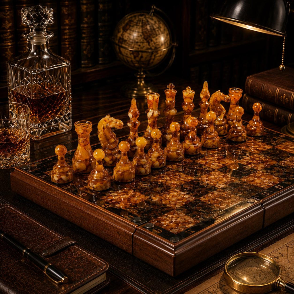 Luxury Baltic Amber Chess Set with Wooden Storage Box – Handmade Folding Collector Chess Board – Executive Gift for Him