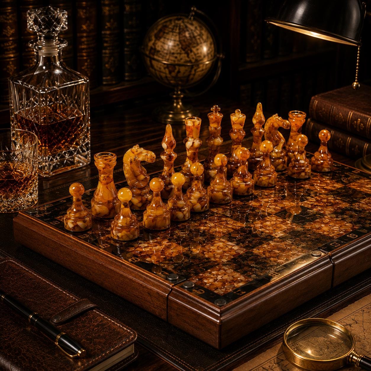 Luxury Baltic Amber Chess Set with Wooden Storage Box – Handmade Folding Collector Chess Board – Executive Gift for Him