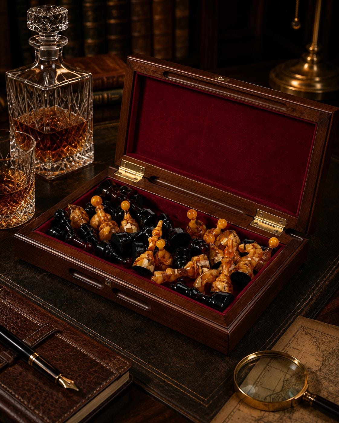 Luxury Baltic Amber Chess Set with Wooden Storage Box – Handmade Folding Collector Chess Board – Executive Gift for Him