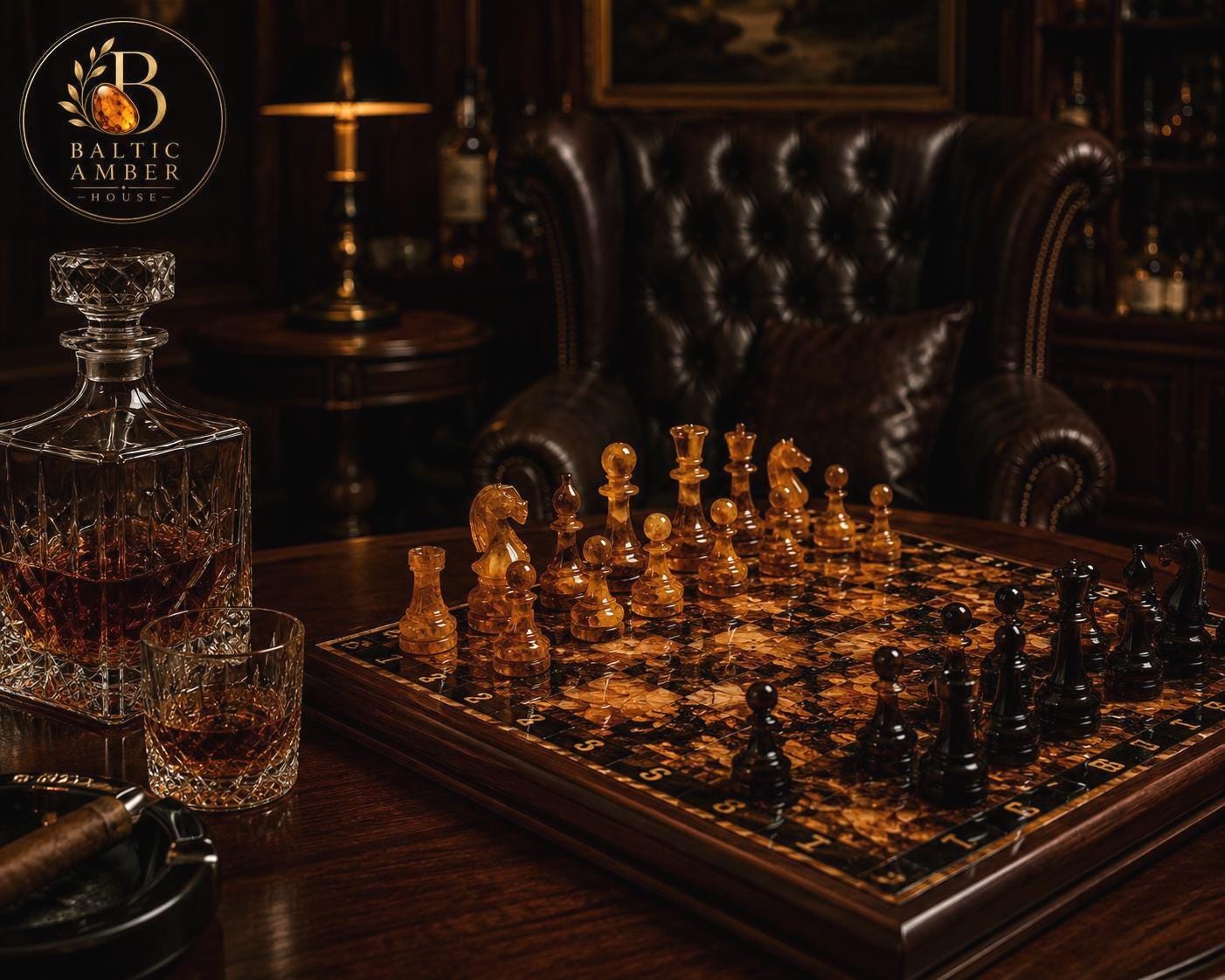 Luxury Baltic Amber Chess Set with Wooden Storage Box – Handmade Folding Collector Chess Board – Executive Gift for Him