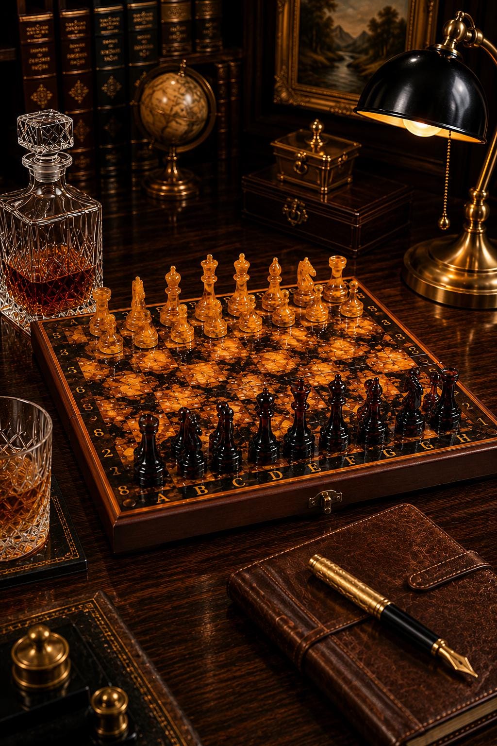 Luxury Baltic Amber Chess Set with Wooden Storage Box – Handmade Folding Collector Chess Board – Executive Gift for Him