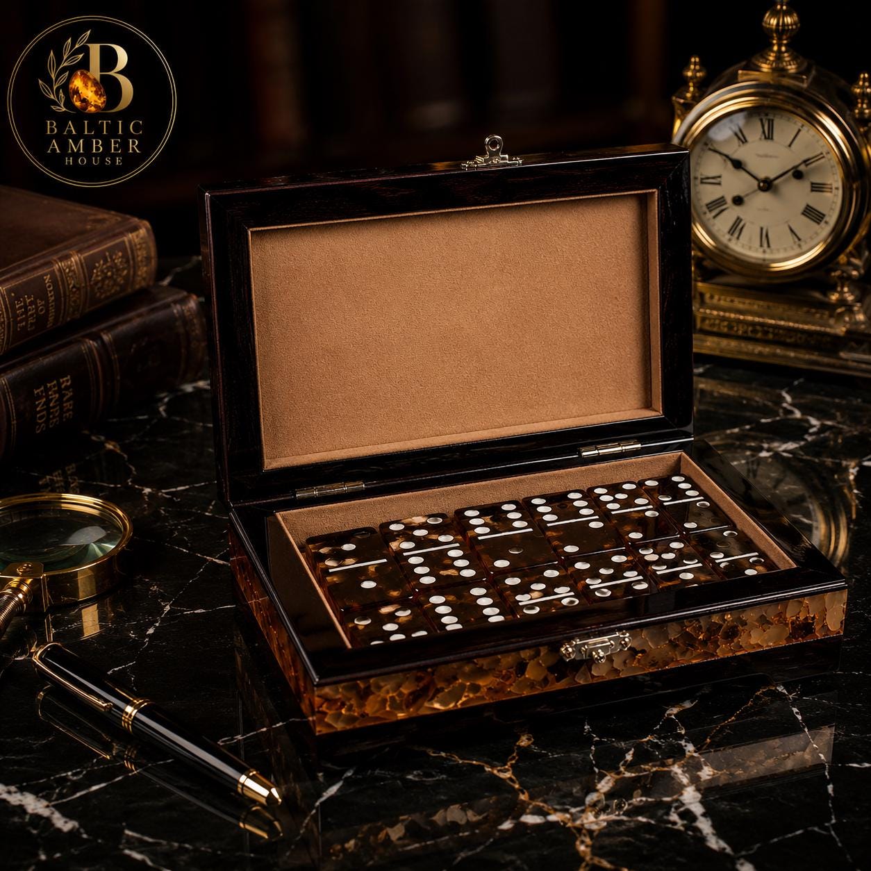 Luxury Baltic Amber Domino Set in Wooden Box, Handmade Collector Game, Amber Gift for Men, Executive Desk Decor, Travel Dominoes