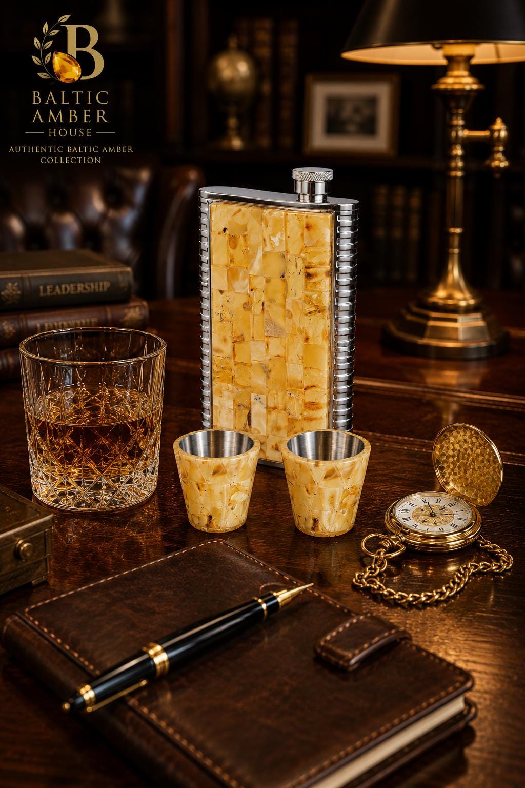 Natural Baltic Amber Flask Set with Shot Glasses, Stainless Steel Hip Flask Gift for Men, Luxury Collector Bar Set, Baltic Amber Gift