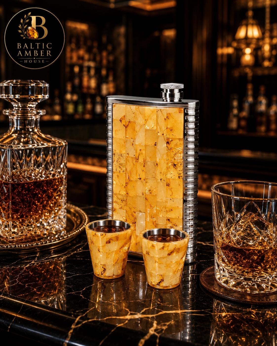 Natural Baltic Amber Flask Set with Shot Glasses, Stainless Steel Hip Flask Gift for Men, Luxury Collector Bar Set, Baltic Amber Gift