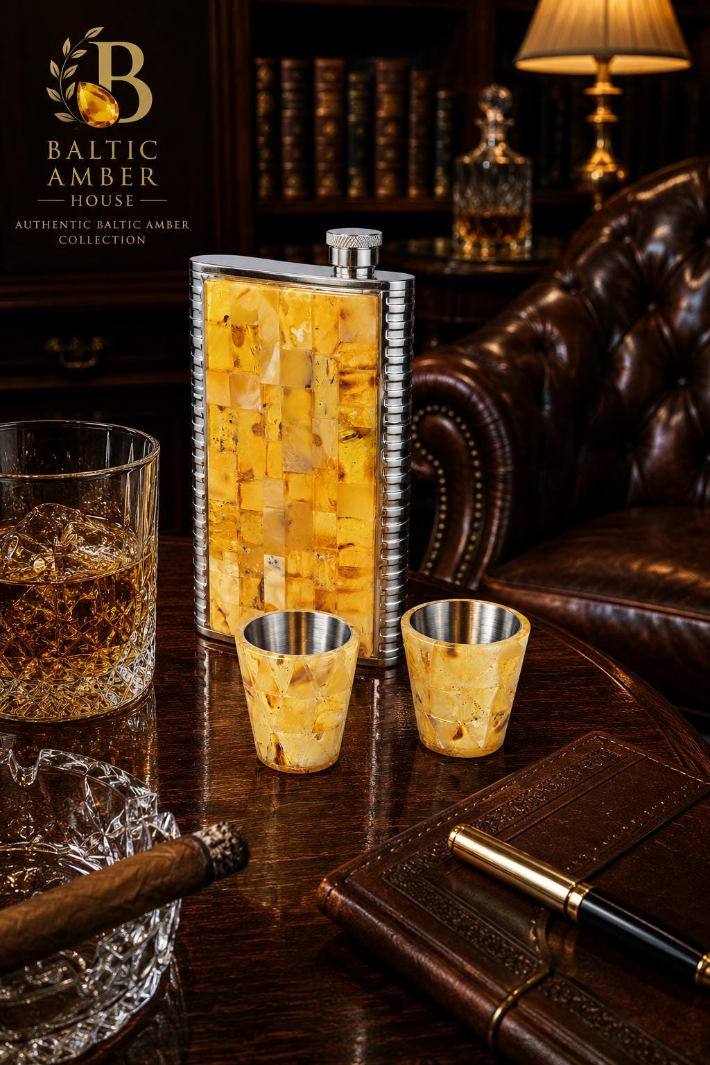 Natural Baltic Amber Flask Set with Shot Glasses, Stainless Steel Hip Flask Gift for Men, Luxury Collector Bar Set, Baltic Amber Gift