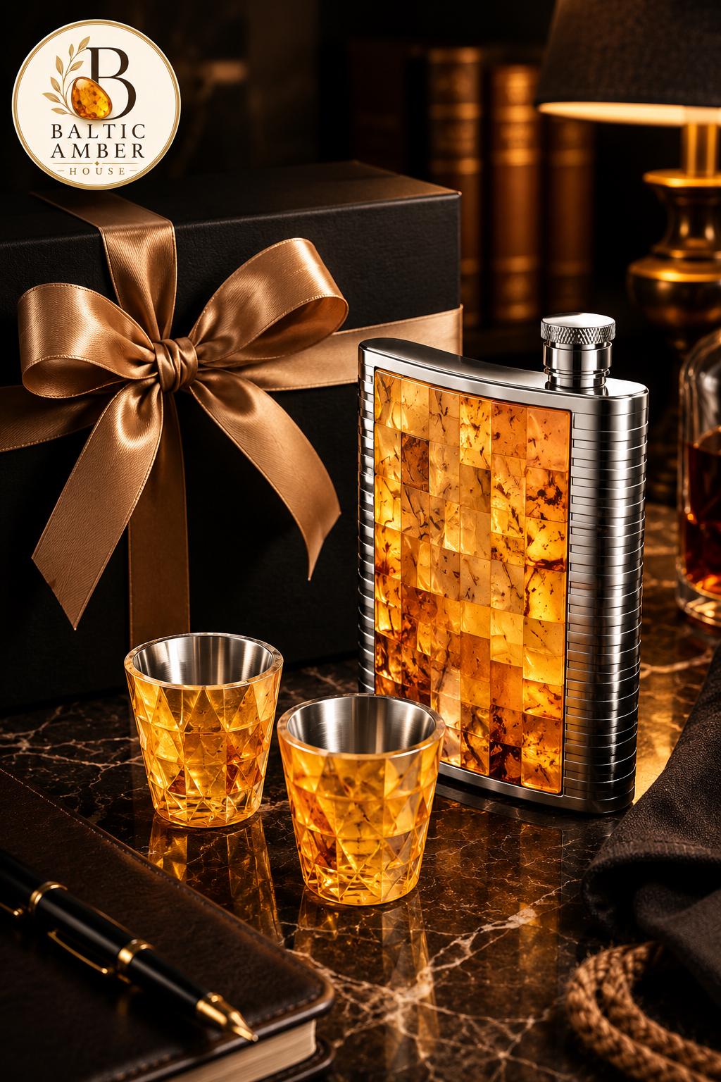 Natural Baltic Amber Flask Set with Shot Glasses, Stainless Steel Hip Flask Gift for Men, Luxury Collector Bar Set, Baltic Amber Gift