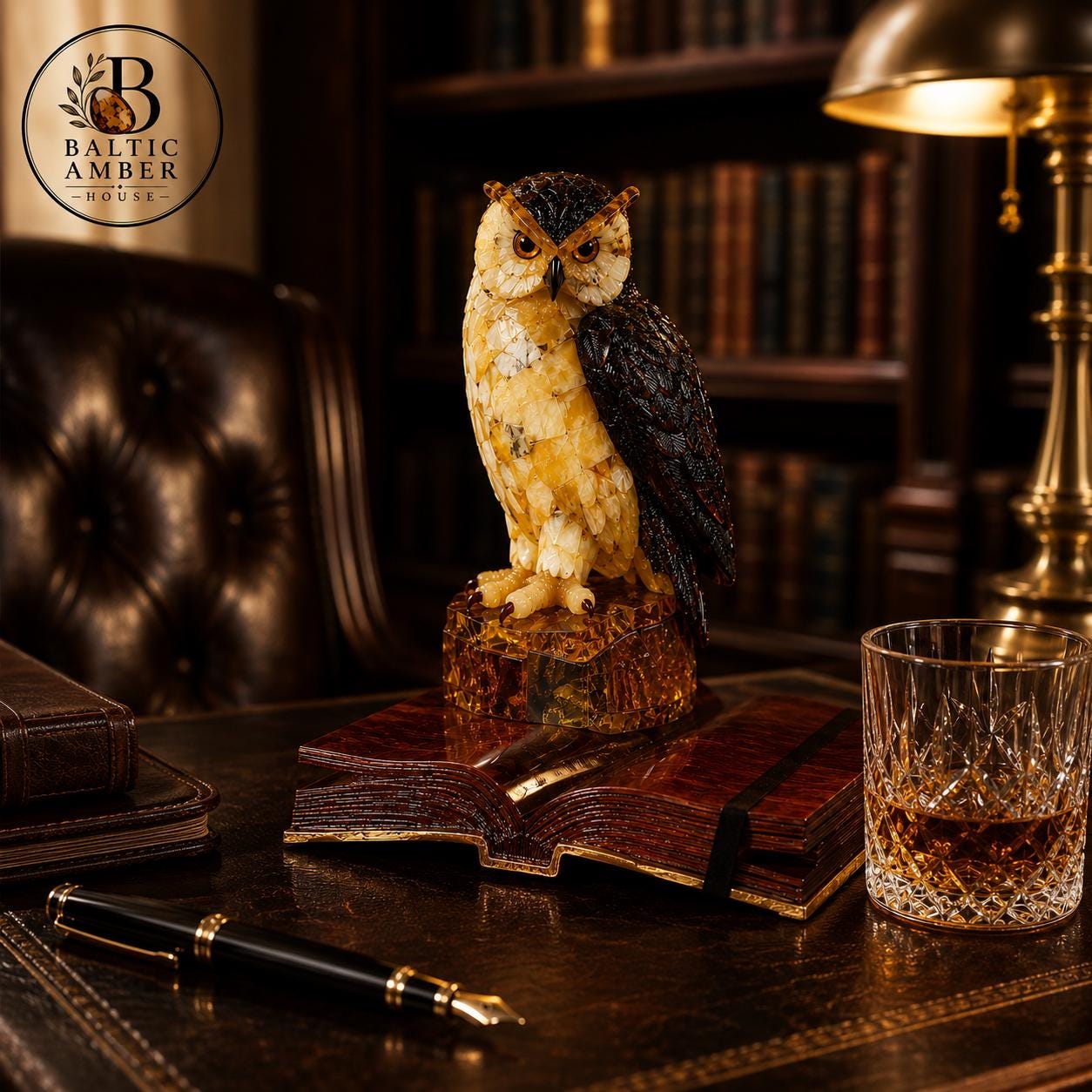 Baltic Amber Owl Sculpture – Luxury Executive Desk Decor in Natural Amber & Wood – Collector Piece