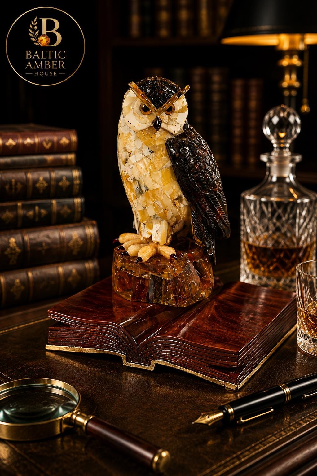 Baltic Amber Owl Sculpture – Luxury Executive Desk Decor in Natural Amber & Wood – Collector Piece