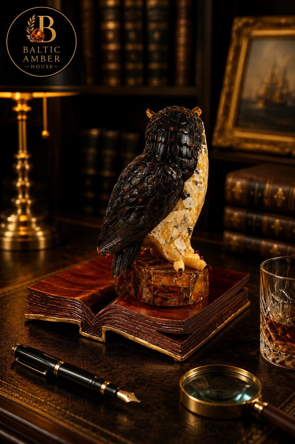 Baltic Amber Owl Sculpture – Luxury Executive Desk Decor in Natural Amber & Wood – Collector Piece