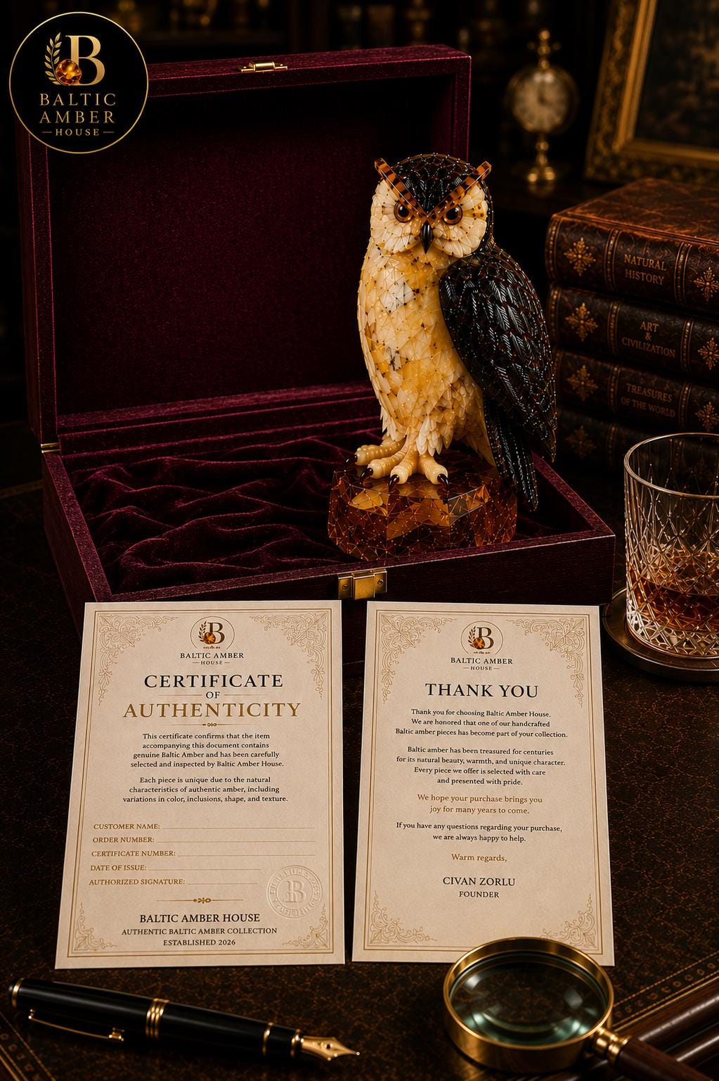 Baltic Amber Owl Sculpture – Luxury Executive Desk Decor in Natural Amber & Wood – Collector Piece