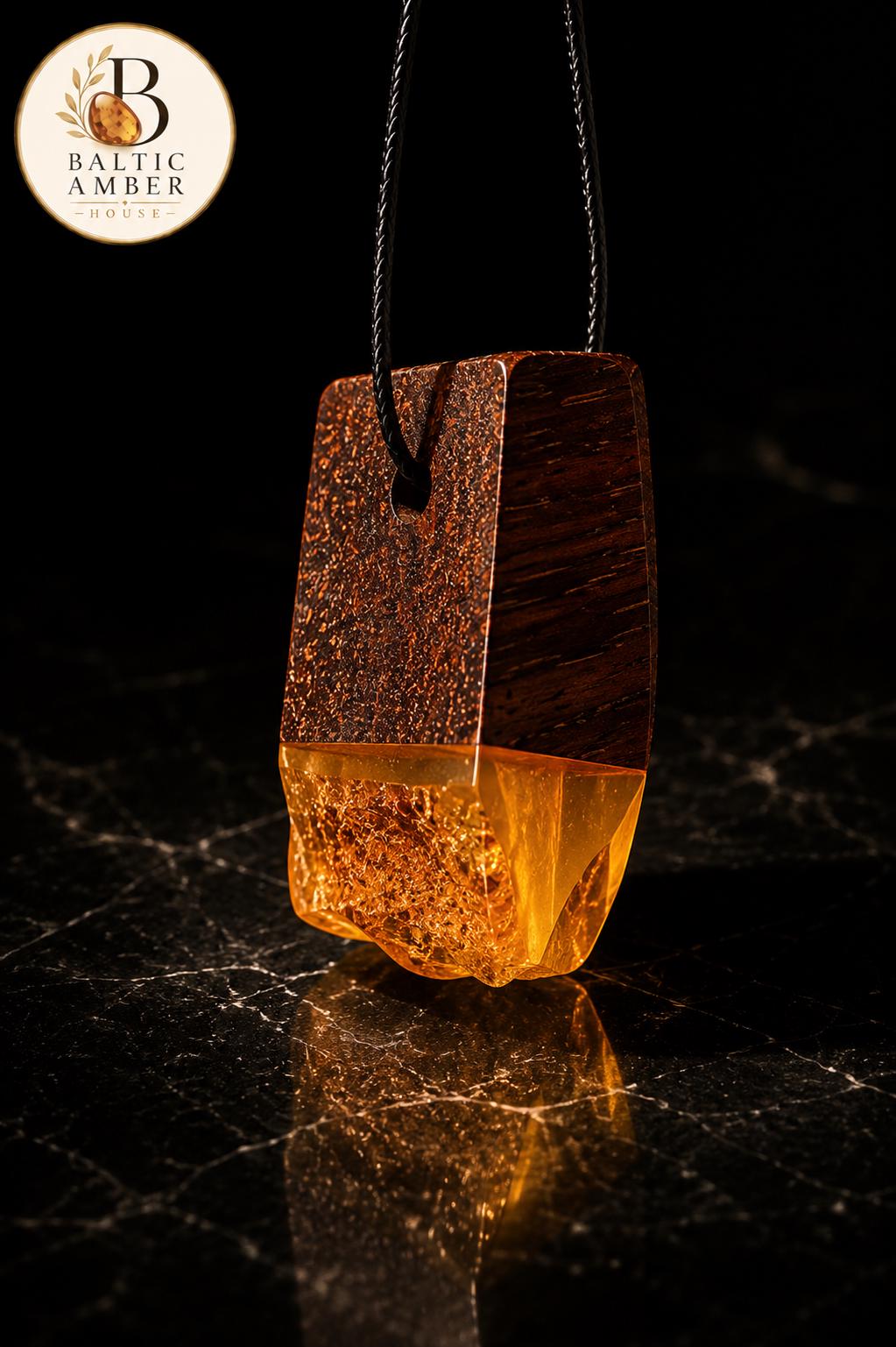 Natural Baltic Amber Wood Pendant, Handmade Unisex Pendant, Genuine Baltic Amber Jewelry, Wooden Pendant for Men & Women, One of a Kind Gift