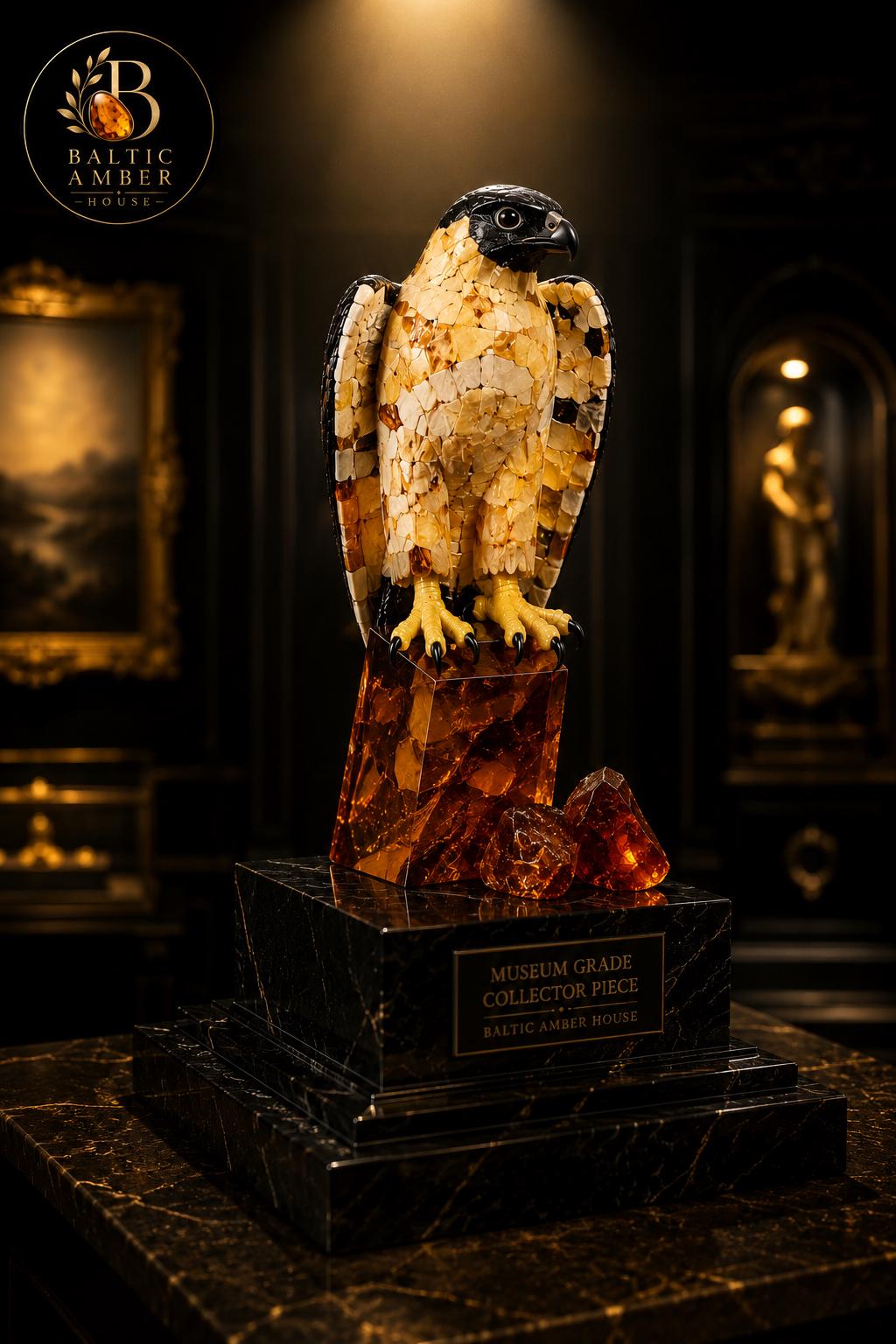 Handcrafted Baltic Amber Peregrine Falcon Sculpture – Luxury Collector Bird Statue in Natural Baltic Amber & Wood – Executive Desk Decor