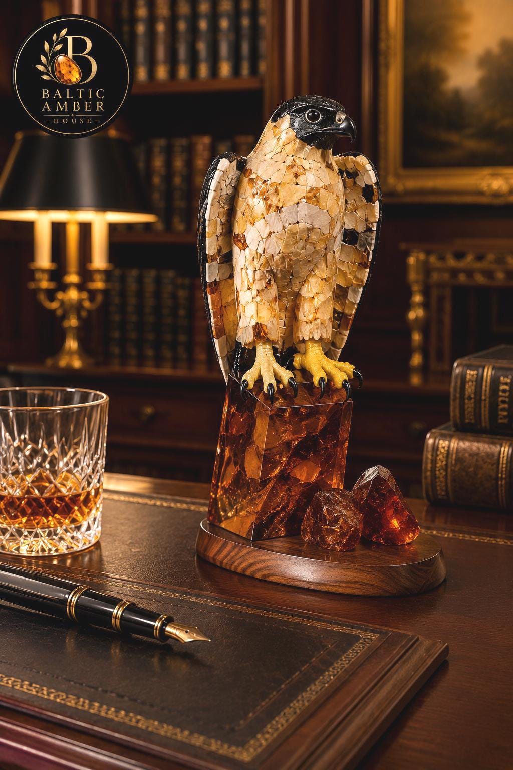 Handcrafted Baltic Amber Peregrine Falcon Sculpture – Luxury Collector Bird Statue in Natural Baltic Amber & Wood – Executive Desk Decor