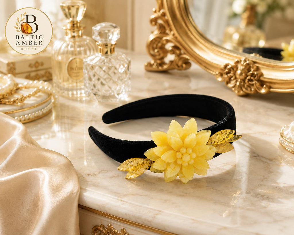 Baltic Amber Flower Headband – Handmade Milk Amber Hair Accessory, Floral Bridal Headpiece, Natural Matte Amber Crown