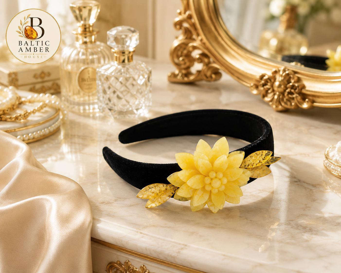 Baltic Amber Flower Headband – Handmade Milk Amber Hair Accessory, Floral Bridal Headpiece, Natural Matte Amber Crown