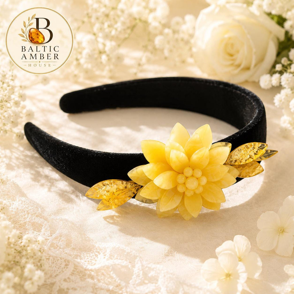 Baltic Amber Flower Headband – Handmade Milk Amber Hair Accessory, Floral Bridal Headpiece, Natural Matte Amber Crown