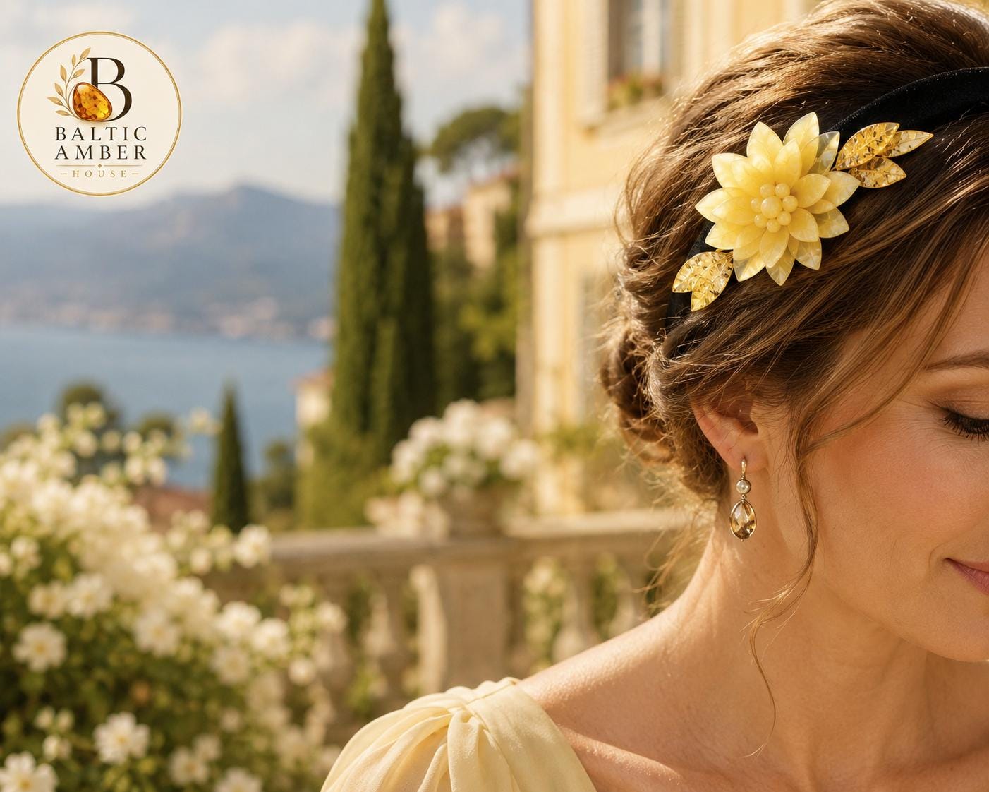 Baltic Amber Flower Headband – Handmade Milk Amber Hair Accessory, Floral Bridal Headpiece, Natural Matte Amber Crown