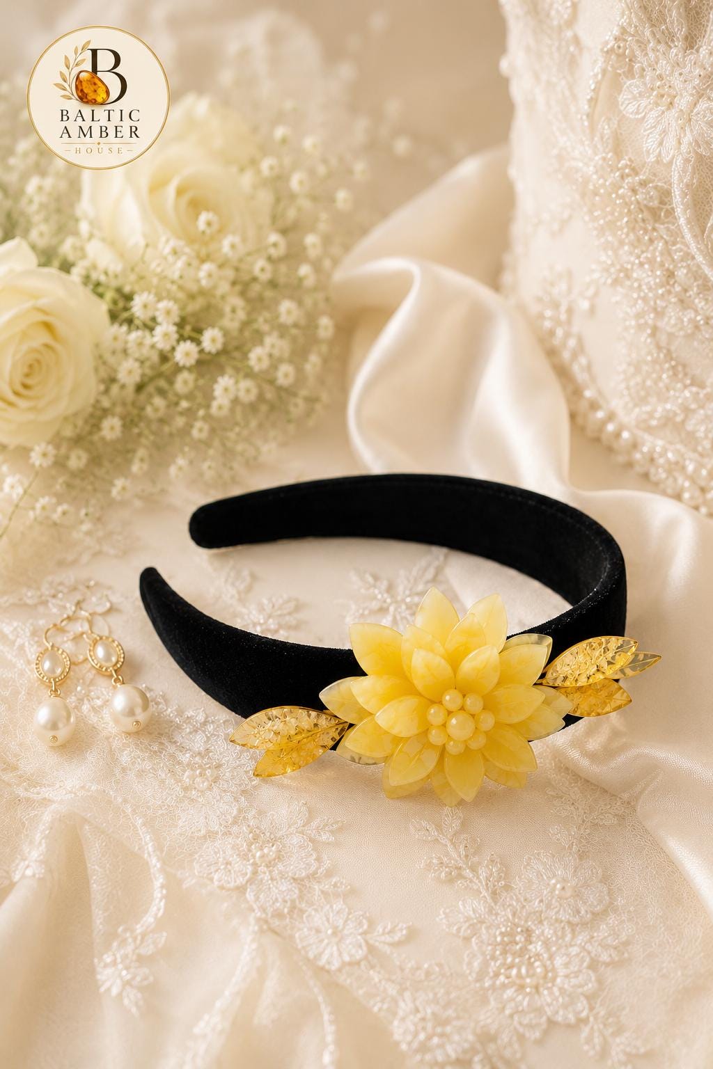 Baltic Amber Flower Headband – Handmade Milk Amber Hair Accessory, Floral Bridal Headpiece, Natural Matte Amber Crown