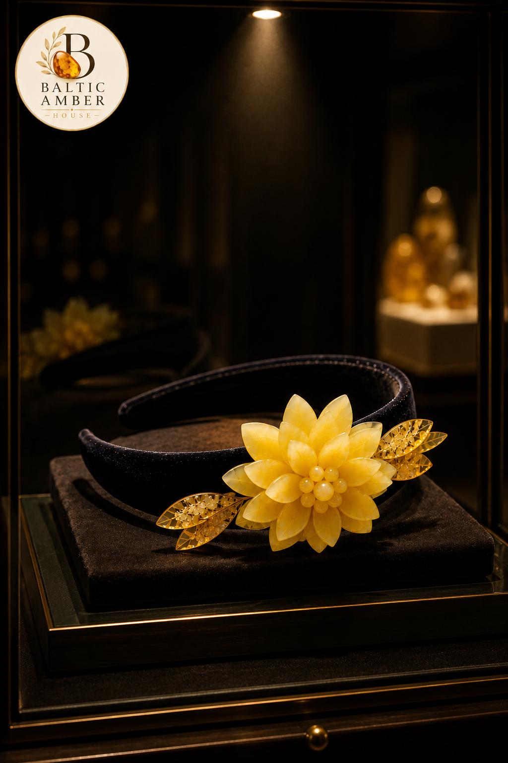 Baltic Amber Flower Headband – Handmade Milk Amber Hair Accessory, Floral Bridal Headpiece, Natural Matte Amber Crown