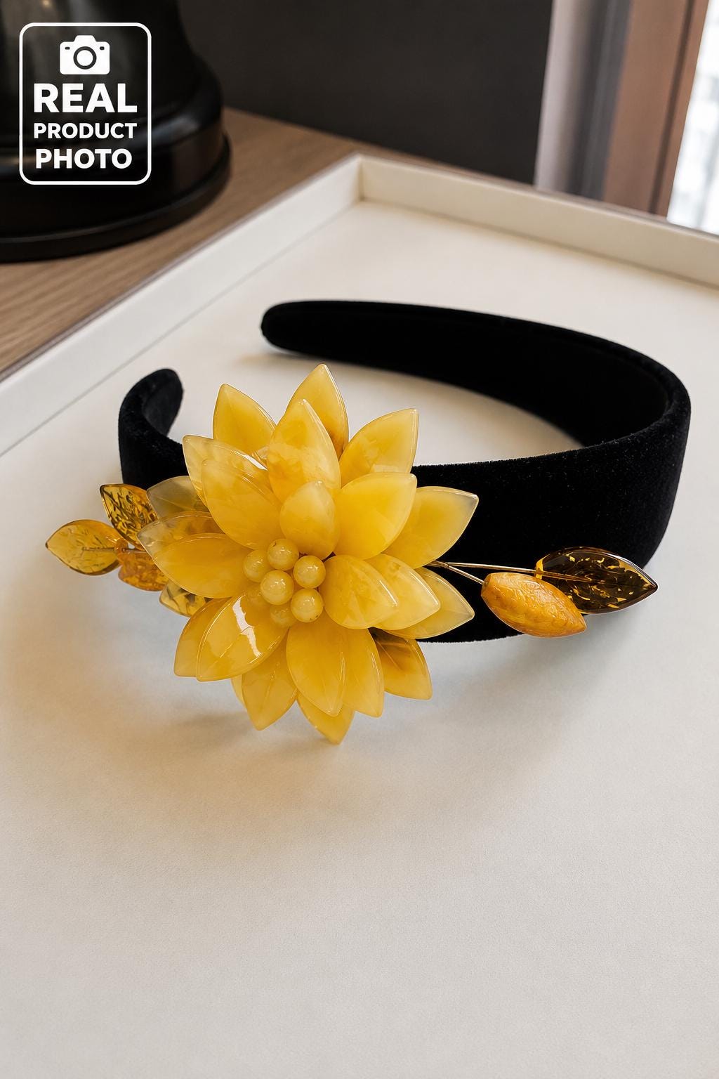 Baltic Amber Flower Headband – Handmade Milk Amber Hair Accessory, Floral Bridal Headpiece, Natural Matte Amber Crown