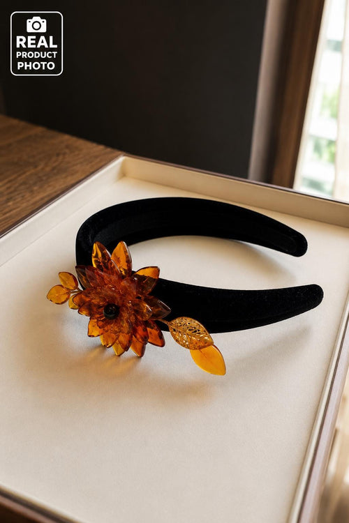 Baltic Amber Floral Headband for Women, Cognac Amber Hair Accessory, Handmade Amber Flower Headpiece, Bridal Hair Band Gift