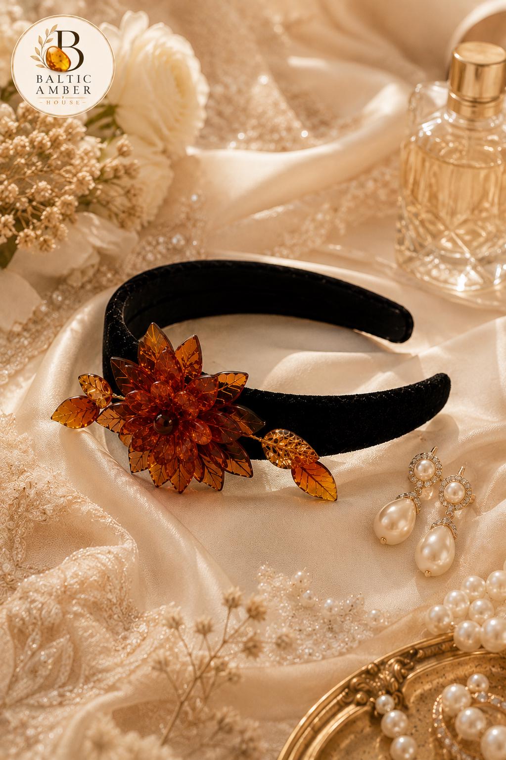 Baltic Amber Floral Headband for Women, Cognac Amber Hair Accessory, Handmade Amber Flower Headpiece, Bridal Hair Band Gift