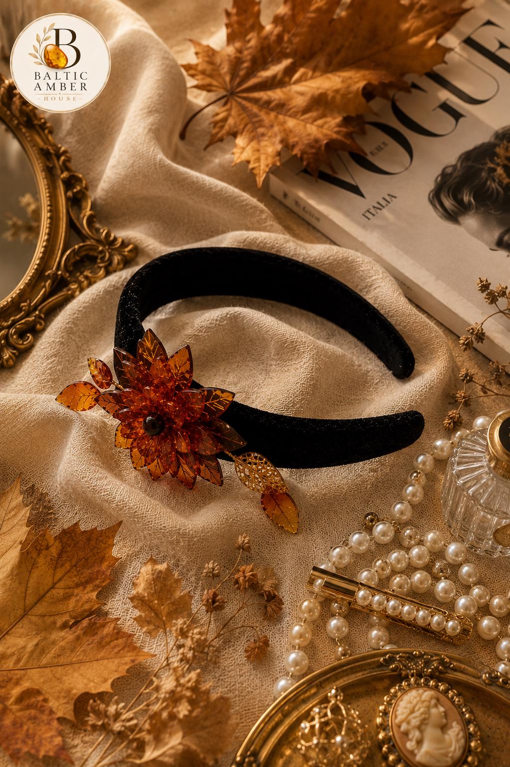 Baltic Amber Floral Headband for Women, Cognac Amber Hair Accessory, Handmade Amber Flower Headpiece, Bridal Hair Band Gift