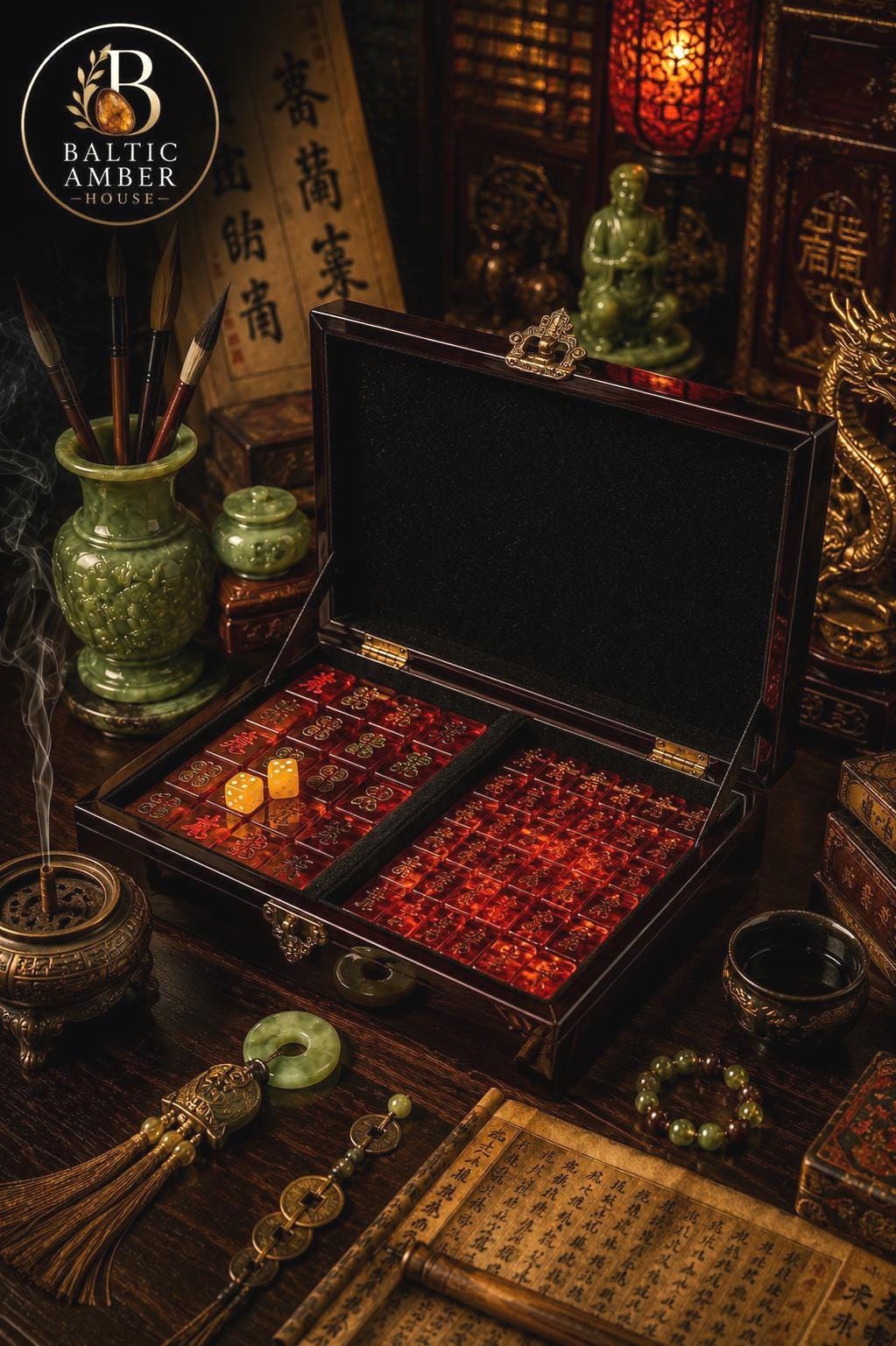 Luxury Baltic Amber Mahjong Set, Handmade Wooden Mahjong Game, Genuine Baltic Amber Tiles, Collector Board Game, Executive Gift