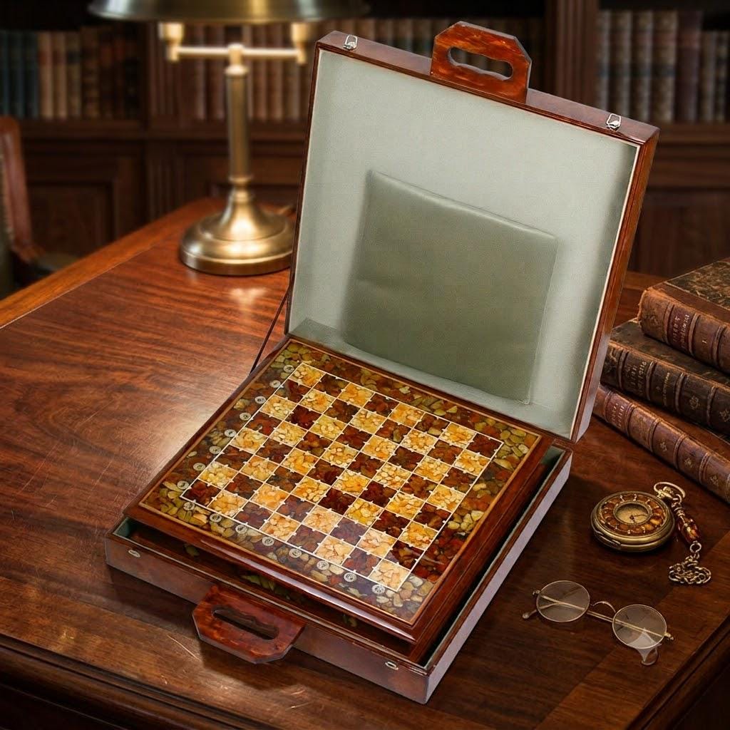 Luxury Baltic Amber Chess Set, Handmade Wooden Chess Board, Genuine Amber Chess Pieces, Executive Gift, Collector Game