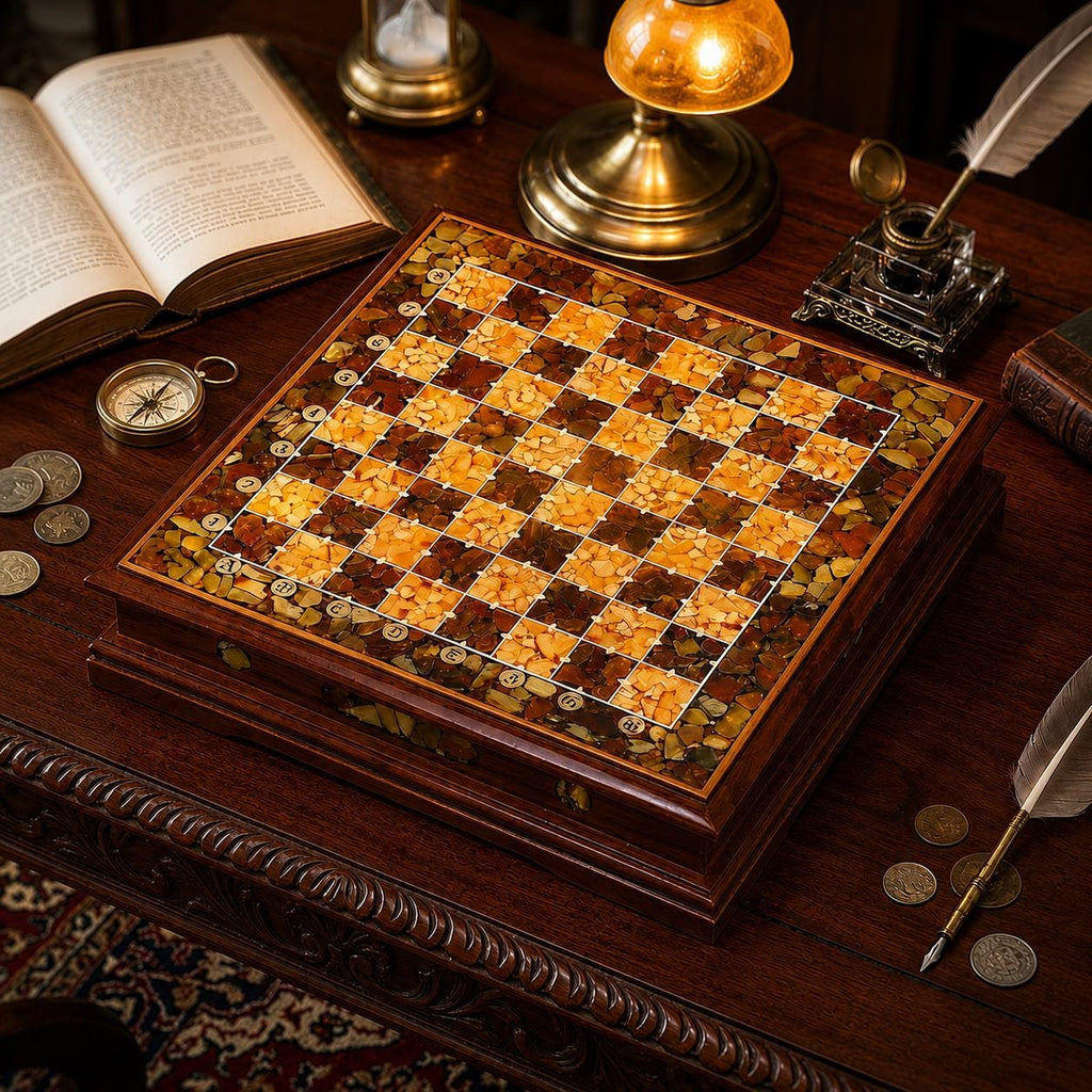 Luxury Baltic Amber Chess Set, Handmade Wooden Chess Board, Genuine Amber Chess Pieces, Executive Gift, Collector Game