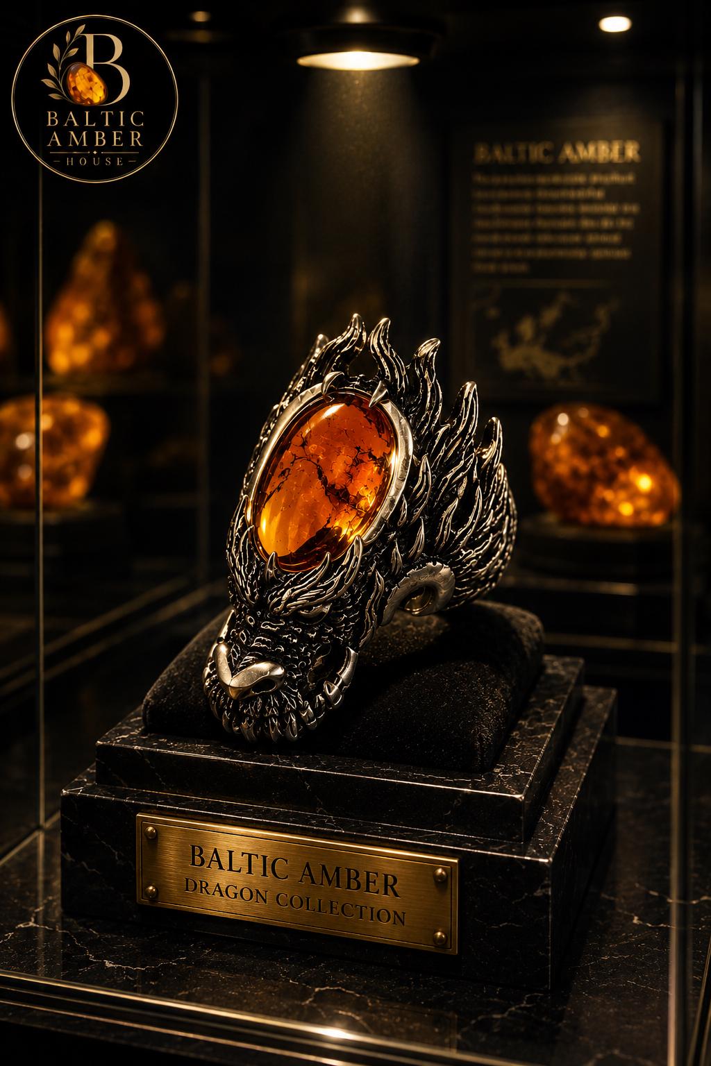 Dragon Baltic Amber Ring for Men, Viking Dragon Ring, Green or Cognac Amber, Fantasy Gothic Statement Jewelry Gift