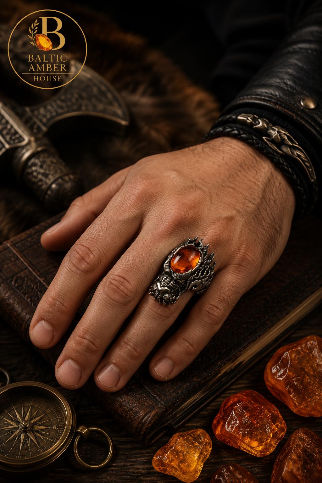 Dragon Baltic Amber Ring for Men, Viking Dragon Ring, Green or Cognac Amber, Fantasy Gothic Statement Jewelry Gift