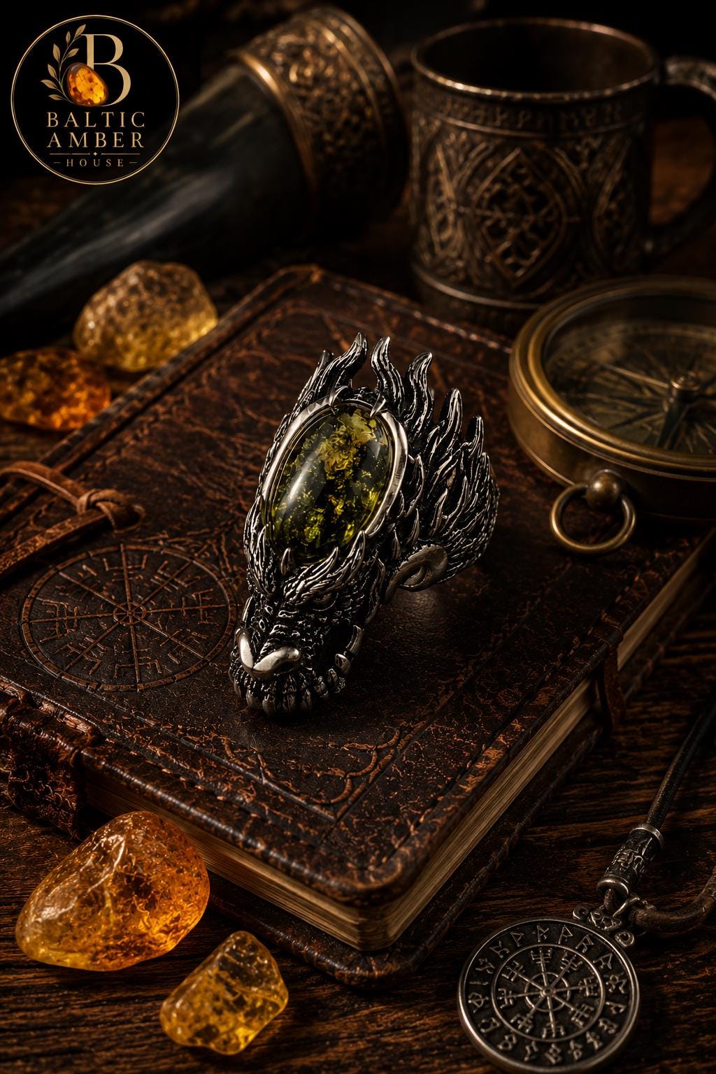 Dragon Baltic Amber Ring for Men, Viking Dragon Ring, Green or Cognac Amber, Fantasy Gothic Statement Jewelry Gift