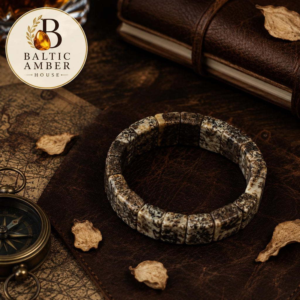Natural Baltic Amber Bracelet for Men, Dendritic Amber Stretch Bracelet, Rare Landscape Amber Jewelry, Handmade Gift for Him