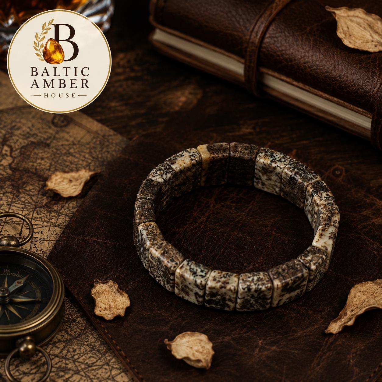 Natural Baltic Amber Bracelet for Men, Dendritic Amber Stretch Bracelet, Rare Landscape Amber Jewelry, Handmade Gift for Him