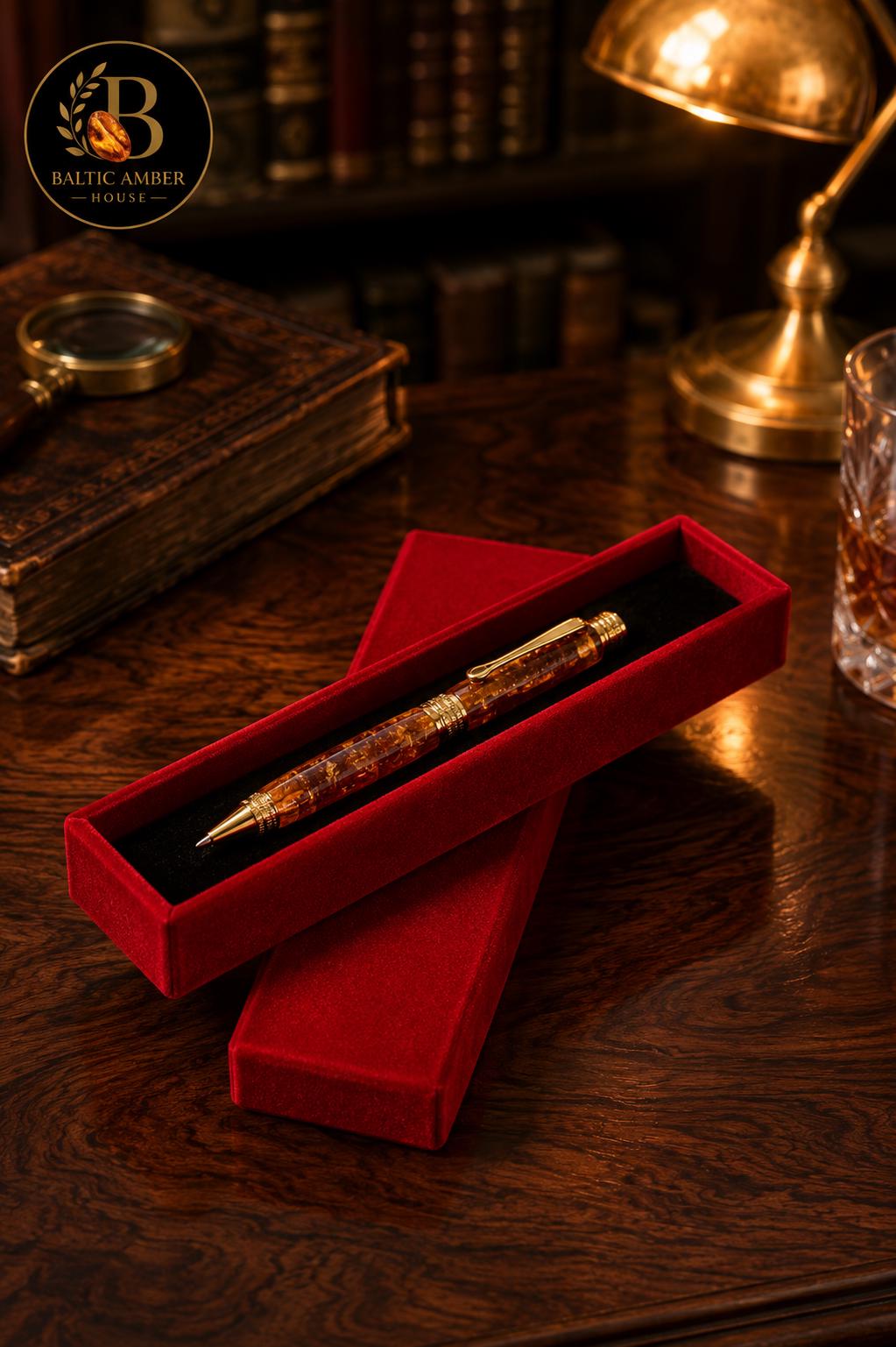 Natural Baltic Amber Ballpoint Pen, Gold Plated Executive Pen, Handmade Luxury Gift for Him, Amber Desk Accessory, Gift Box Included