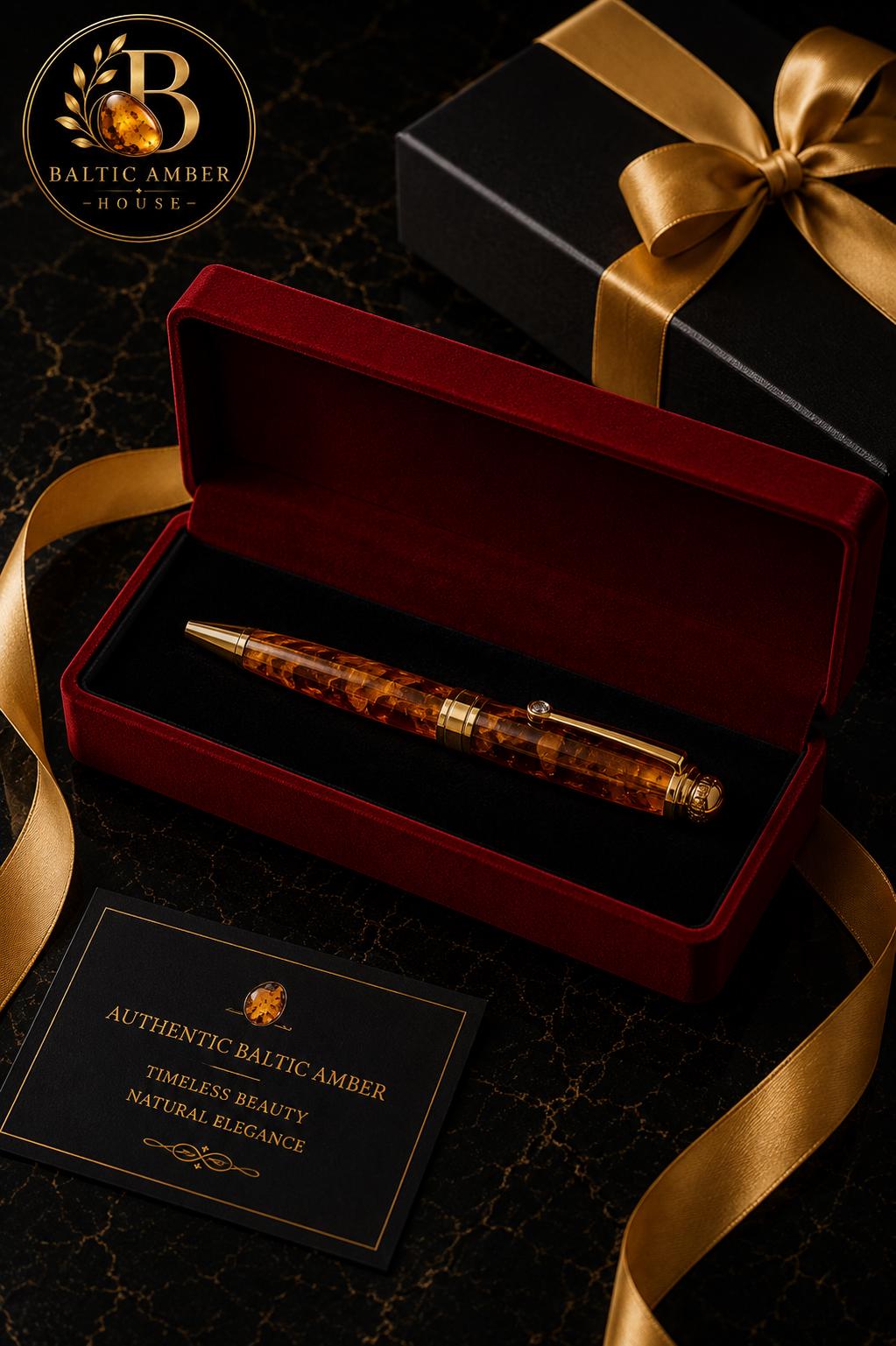 Natural Baltic Amber Ballpoint Pen, Gold Plated Executive Pen, Handmade Luxury Gift for Him, Amber Desk Accessory, Gift Box Included
