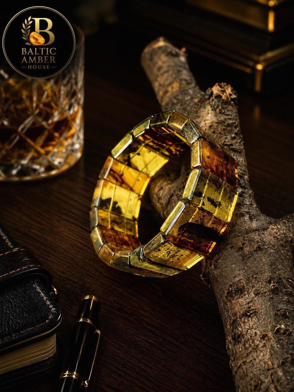 Natural Baltic Amber Bracelet for Men, Green Amber Cuff Bracelet, Genuine Baltic Amber Stretch Bracelet, Statement Amber Jewelry for Him