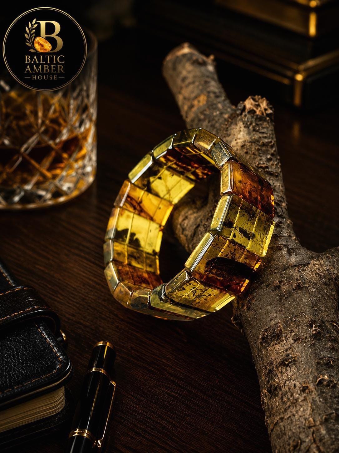 Natural Baltic Amber Bracelet for Men, Green Amber Cuff Bracelet, Genuine Baltic Amber Stretch Bracelet, Statement Amber Jewelry for Him