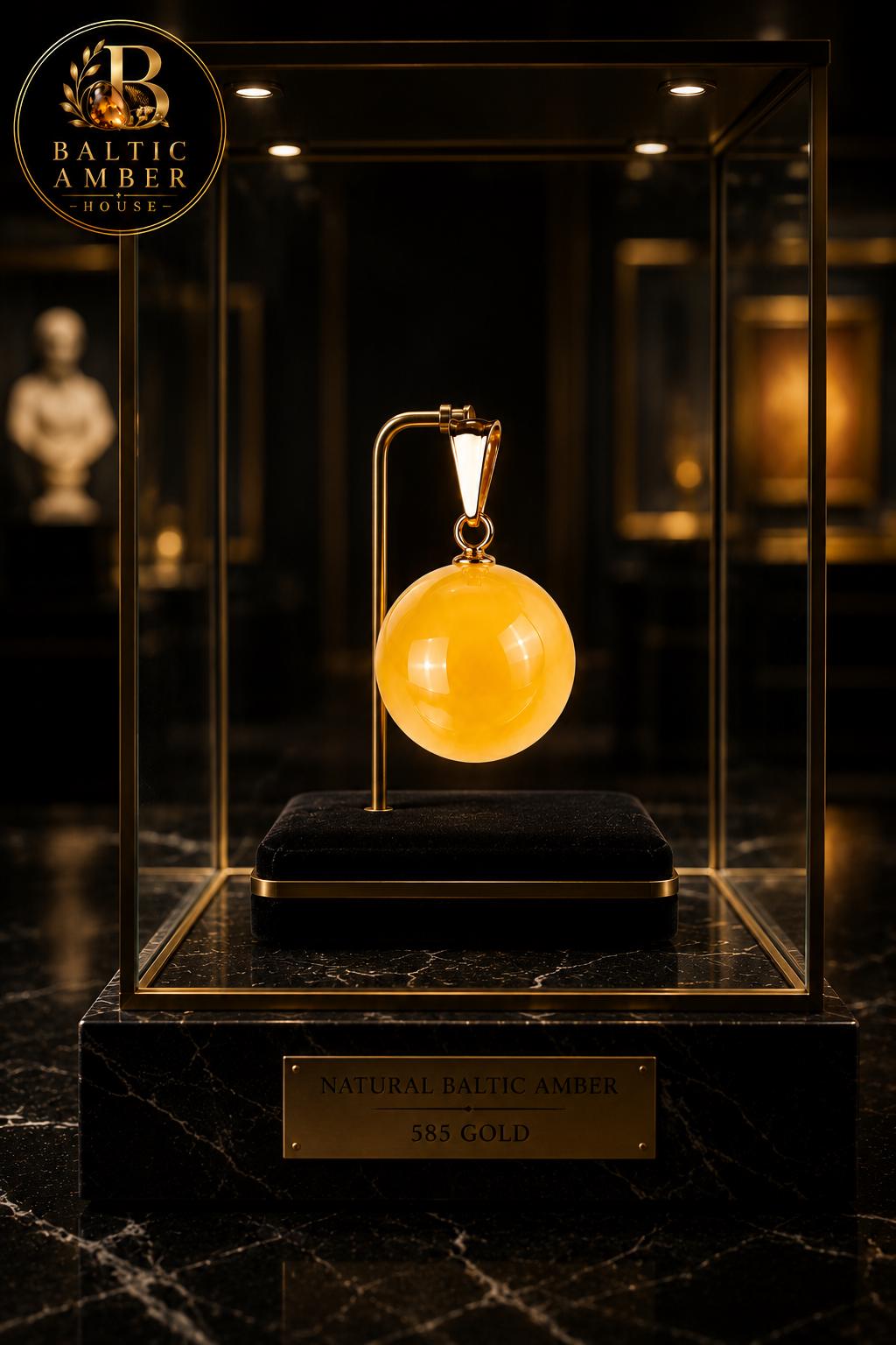 14K Gold Baltic Amber Sphere Pendant, Genuine Lemon Amber Necklace, Natural Round Amber Pendant, Luxury Gift for Her, One of a Kind Jewelry