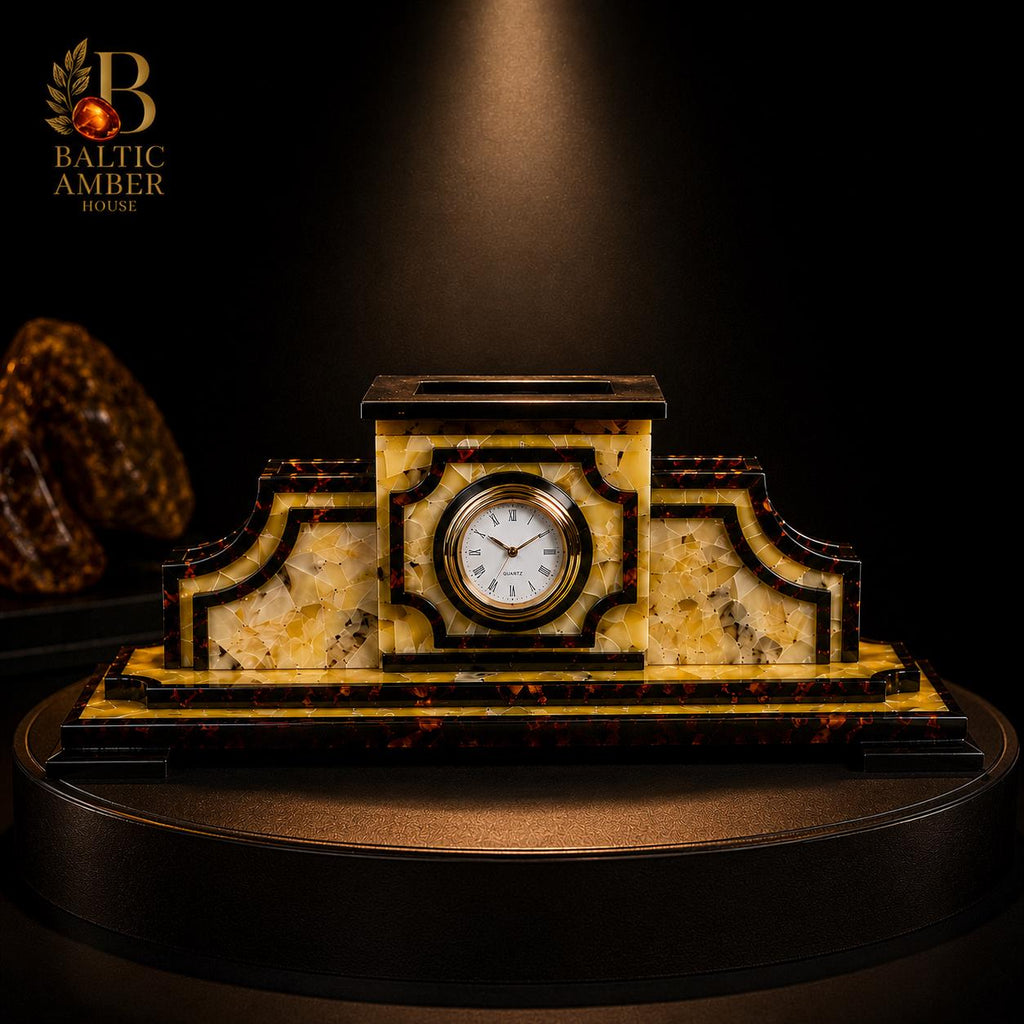 Luxury Baltic Amber Desk Organizer with Quartz Clock, Executive Office Decor, Handmade Amber Business Gift, Collector Desk Accessory