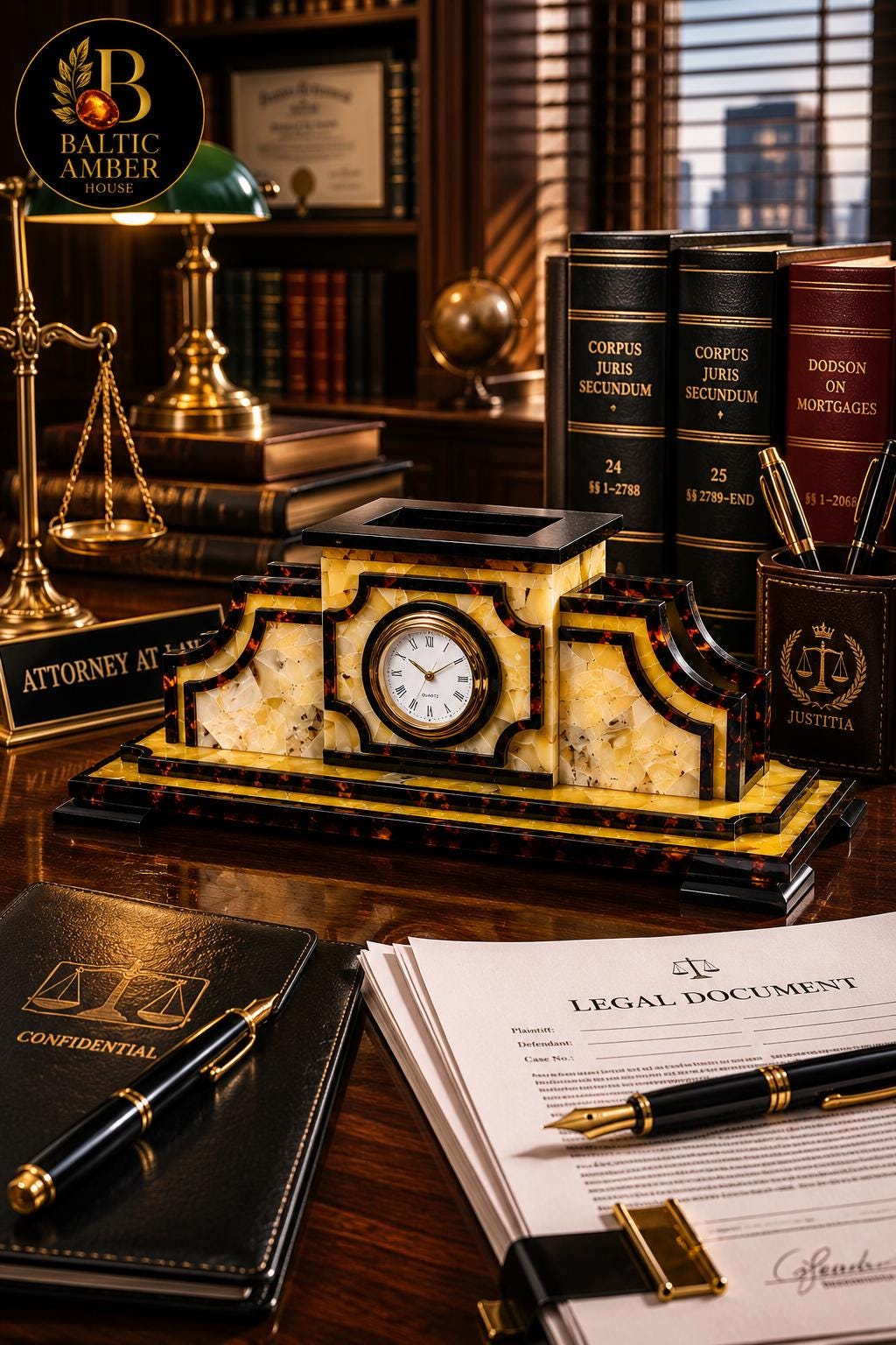 Luxury Baltic Amber Desk Organizer with Quartz Clock, Executive Office Decor, Handmade Amber Business Gift, Collector Desk Accessory