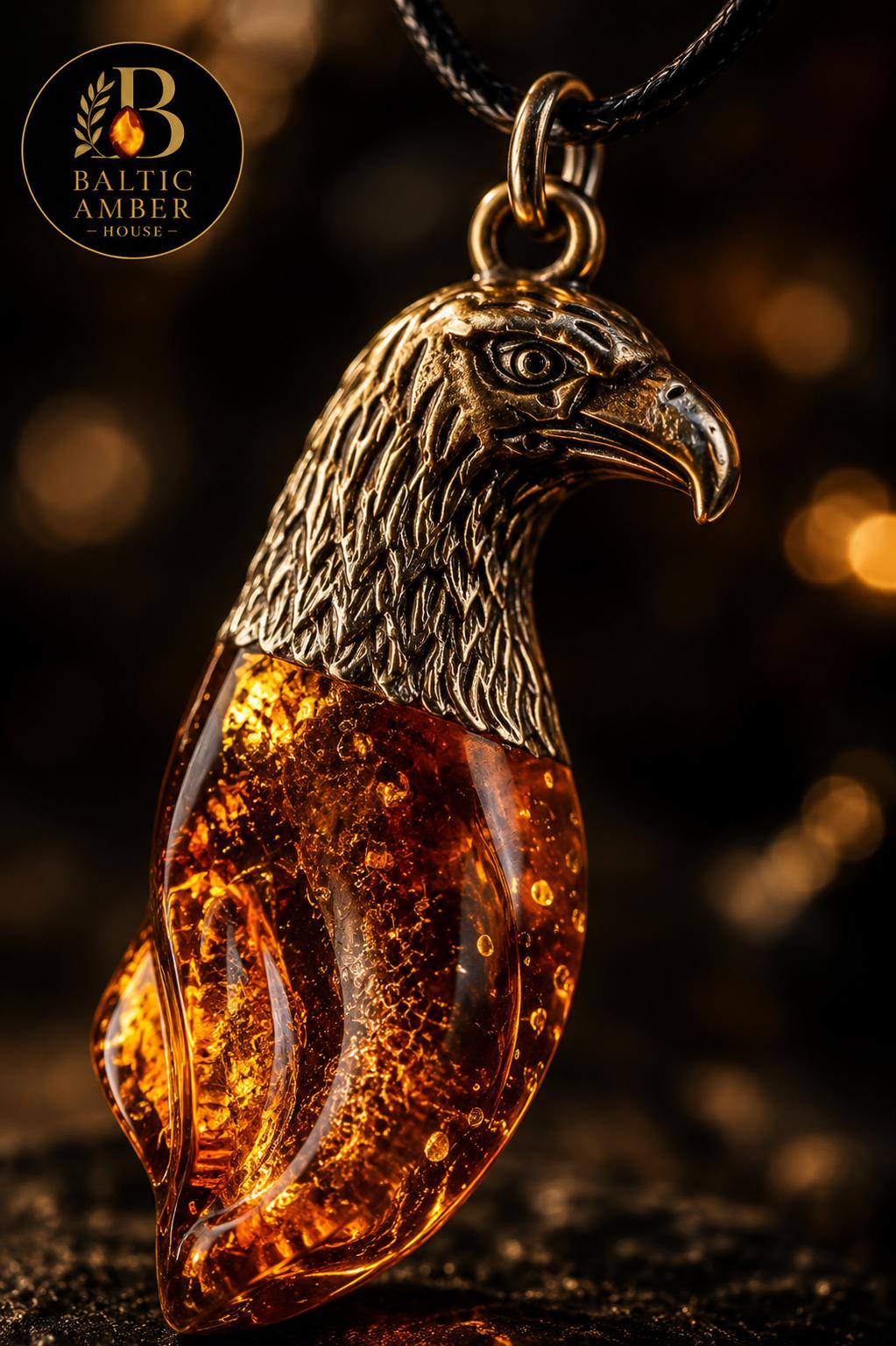 Baltic Amber Eagle Pendant for Men, Genuine Amber Necklace, Brass Eagle Talisman, Wildlife Jewelry, Freedom Symbol Gift for Him